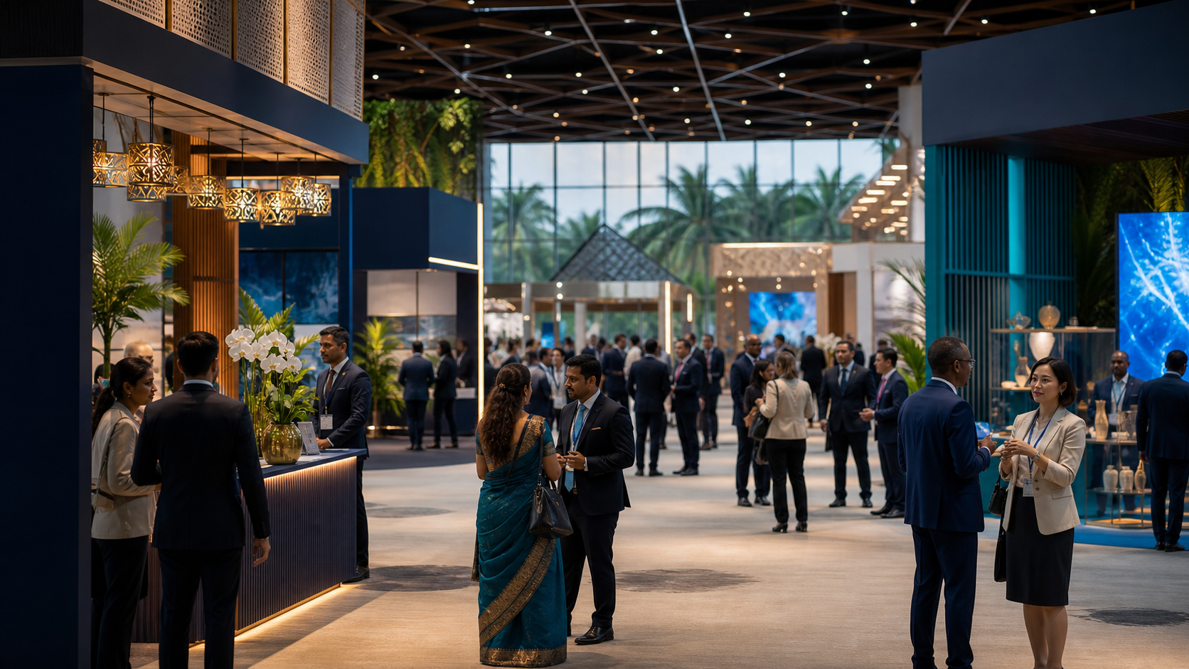 International business professionals networking in a contemporary exhibition hall